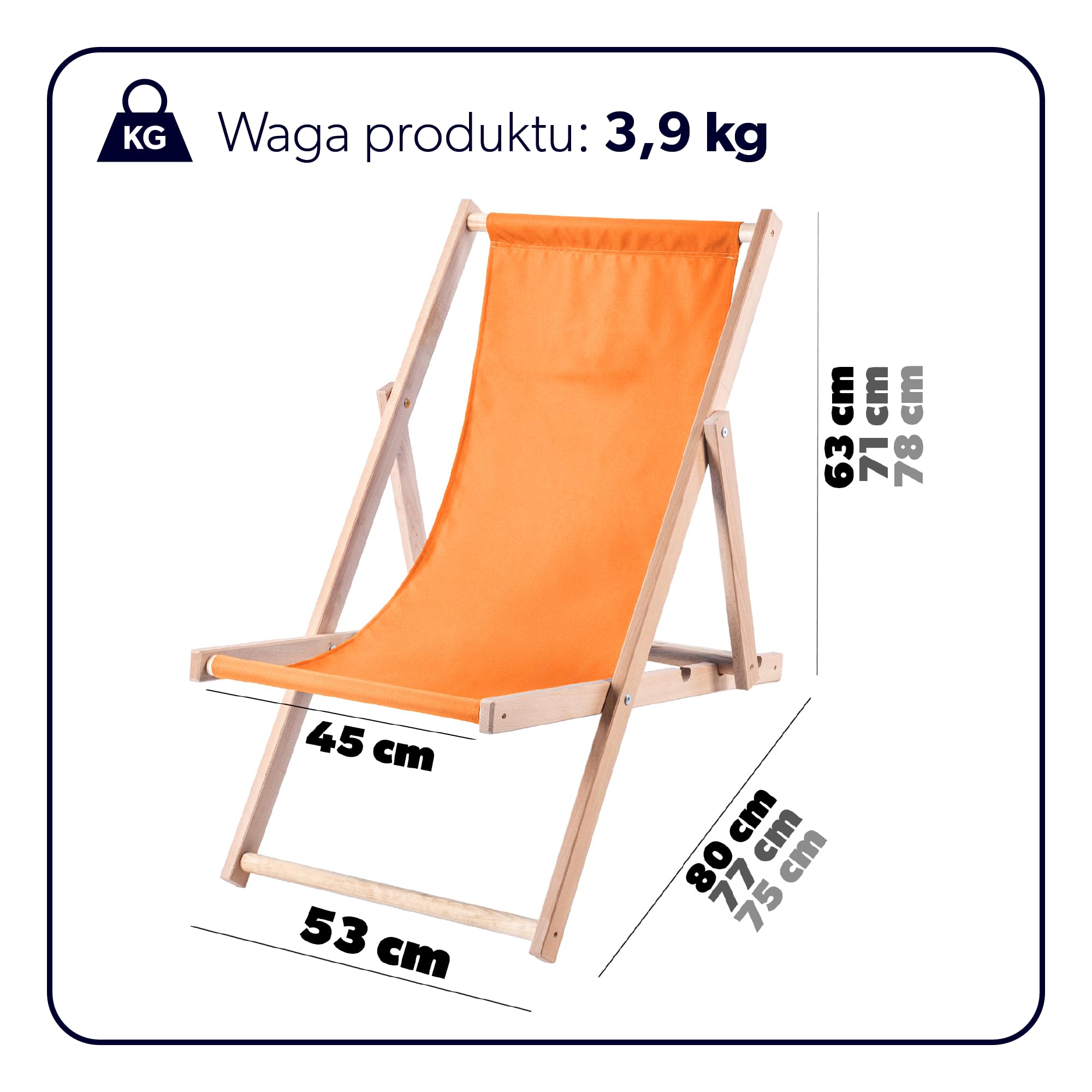 KADAX Leżak drewniany z buku, składany na plażę i do ogrodu, solidna konstrukcja, udźwig do 120 kg, łatwe przechowywanie, kolor pomarańczowy