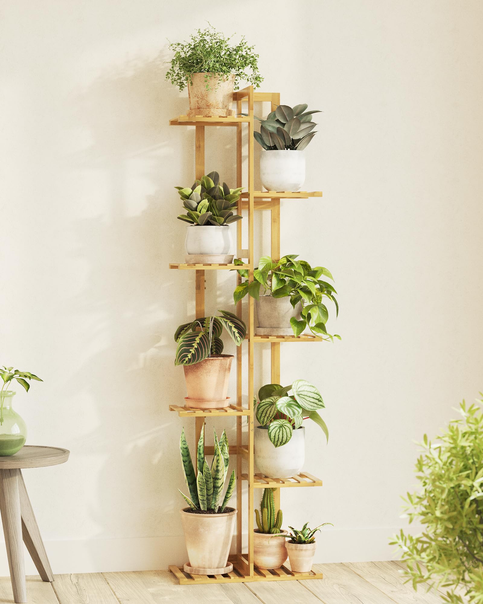 Bamworld Bambus-Pflanzenständer für den Innenbereich, 7 Ebenen, Pflanzenregal für den Außenbereich, Eckpflanzenregal für mehrere Pflanzen, Blumenständer, Pflanzenhalter für Wohnzimmer, Schlafzimmer