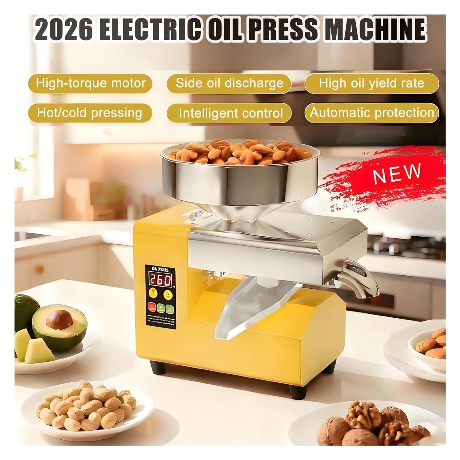 Prensa De Aceite Automática - Expulsor De Aceite Eléctrico De 1100 W En Frío Y Caliente, Alta Temperatura De 300 °C Y Alto Rendimiento para Frutos Secos Y Semillas TypeA