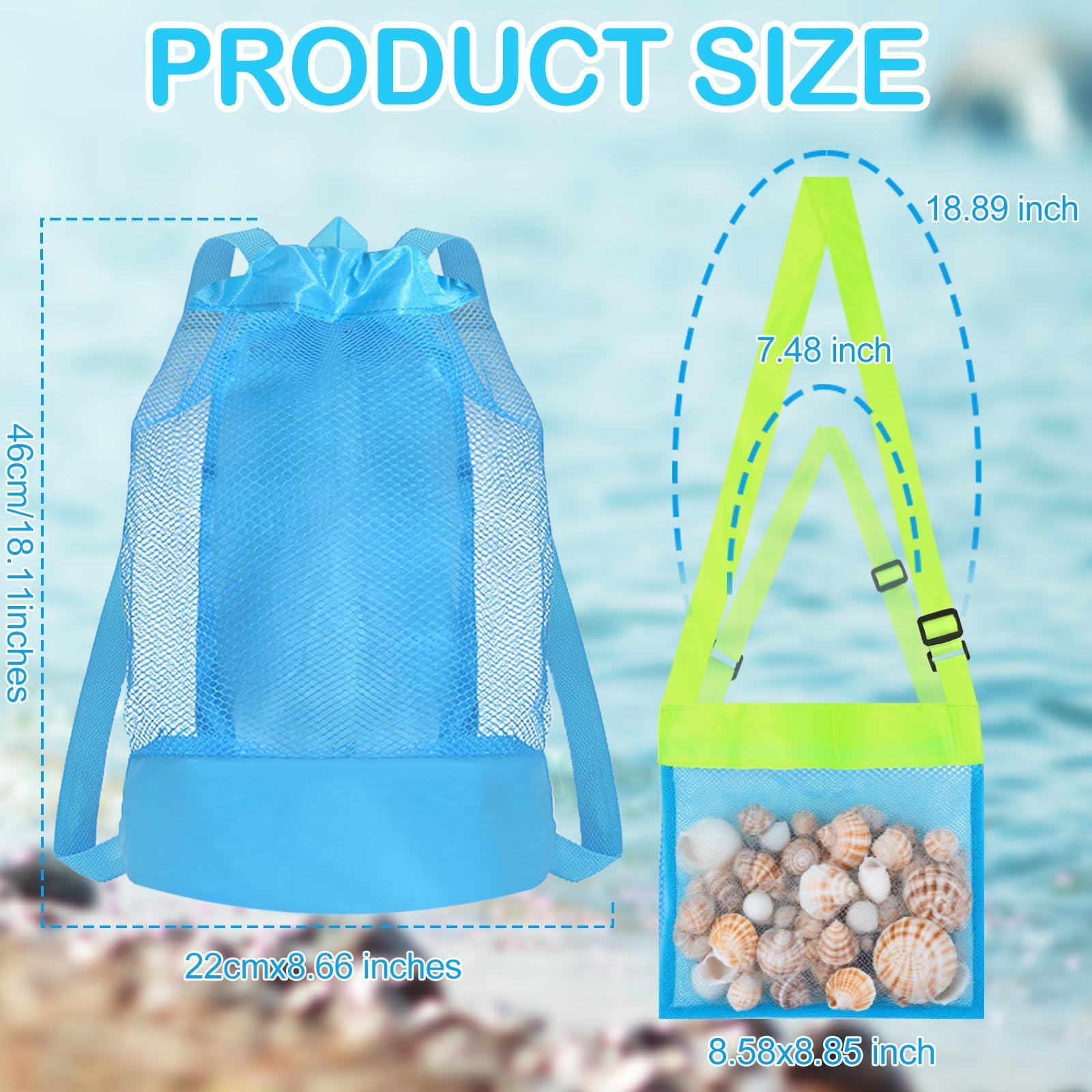 Mototo 18-teiliges Strand-Sandsieb-Spielzeug-Set, Haifischzahnsieb, Strand-Mesh-Schaufel mit Muscheltaschen, zusammenklappbarer Strandeimer für Muscheln, Sammeln von Haifischzähnen, Spielspielzeug