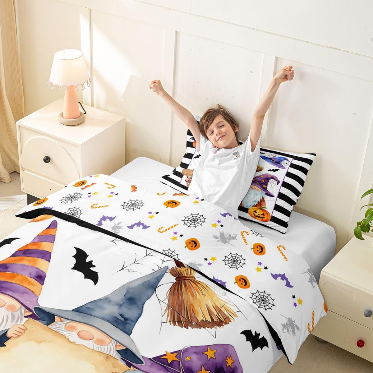 Erosebridal Halloween Gnome Duvet Cover Toddler Size Black White Geometric Stripes Comforter Cover Kids Boys Girls Watercolor Bat Spider Web Bed Set Cute Whimsical Fall Pumpkin Bedding Set