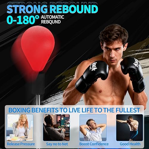 Miniatura 6 de Saco de boxeo con soporte, bolsa refleja con guantes de boxeo, bolsa de boxeo para adolescentes y adultos, altura ajustable, bolsa de velocidad para