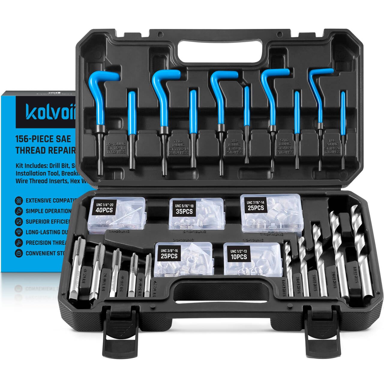 Kolvoii Kit de reparación de roscas helicoilares de 156 piezas, kit de helicoil SAE, brocas HSS, grifos e insertos de rosca, motor automotriz, bujía y herramienta de reenhebrado de maquinaria