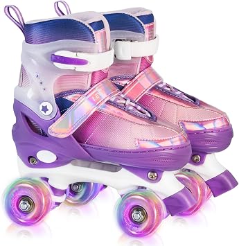 Rainbow Roller Skates for Girls Kids, Gradient Pink Purple 4 Size Adjustable Quad Skates Size XS S, M, L Ages 3-12 with All Light Up Wheels for Kids Youth Outdoor Indoor