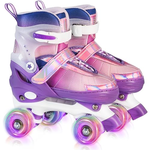 Rainbow Roller Skates for Girls Kids, Gradient Pink Purple 4 Size Adjustable Quad Skates Size XS S, M, L Ages 3-12 with All Light Up Wheels for Kids Youth Outdoor Indoor