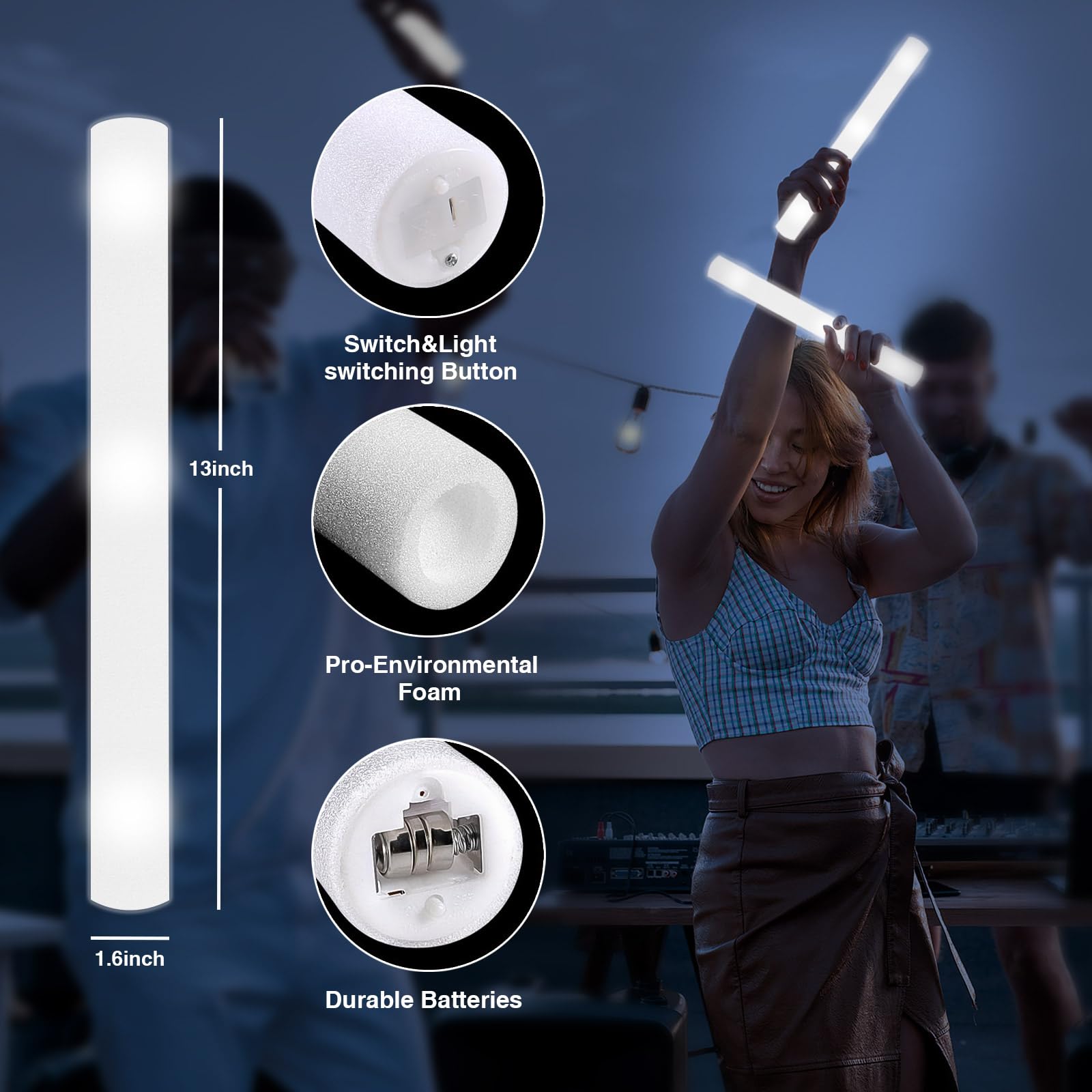 Confezione da 48 bastoncini luminosi in schiuma a LED, con 3 modalità lampeggianti, bacchette bianche fosforescenti per feste, forniture per feste per Pasqua, 4 luglio, matrimoni, compleanni
