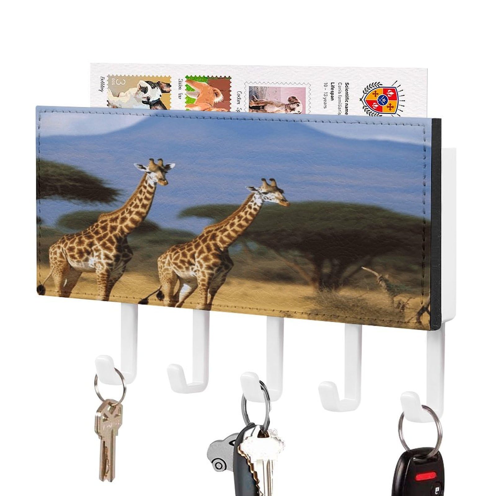 Vstadank White-Style Africa Wildlife Giraffes Key Holder For Wall Mount With 5 Hooks Decorative Key And Mail Holder Farmhouse Wall Hooks With Shelf Pu Leather Key Rack With Mail Holders For Entryway Home