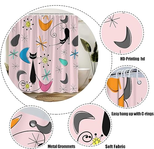 Miniatura 6 de Cortina de ducha de gato atómico de mediados de siglo, rosa, gris, azul, moderna, abstracta, geométrica, gato negro, retro, 50S, cortina de