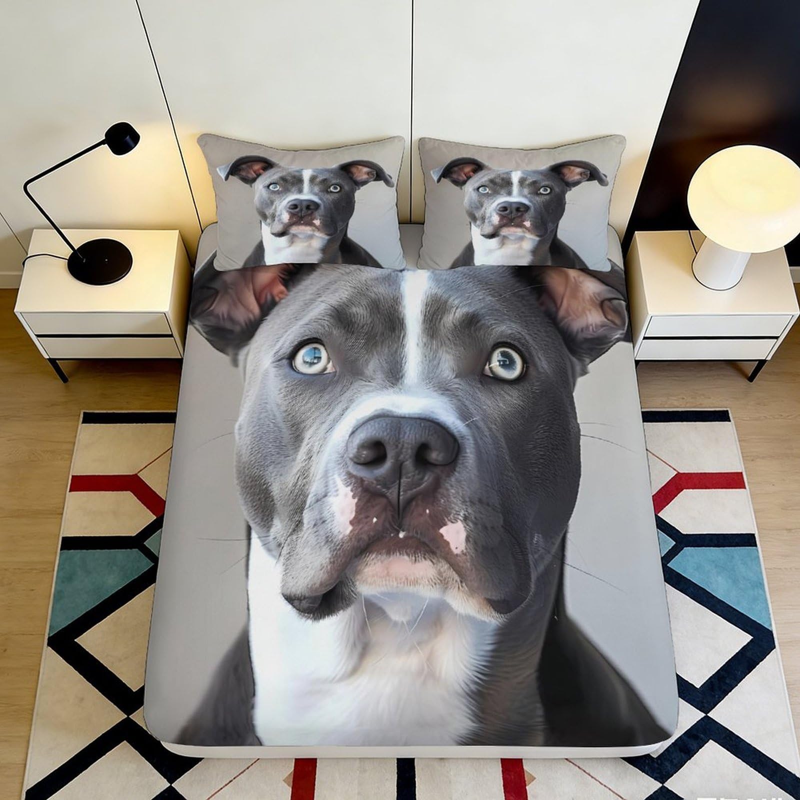 3D Printed Pitbull Dog Fitted Sheet Microfiber Soft Durable Grey Animal Print Bed Cover for Bedroom Dormitory Guest Room Mattress Protection 140x200x25cm