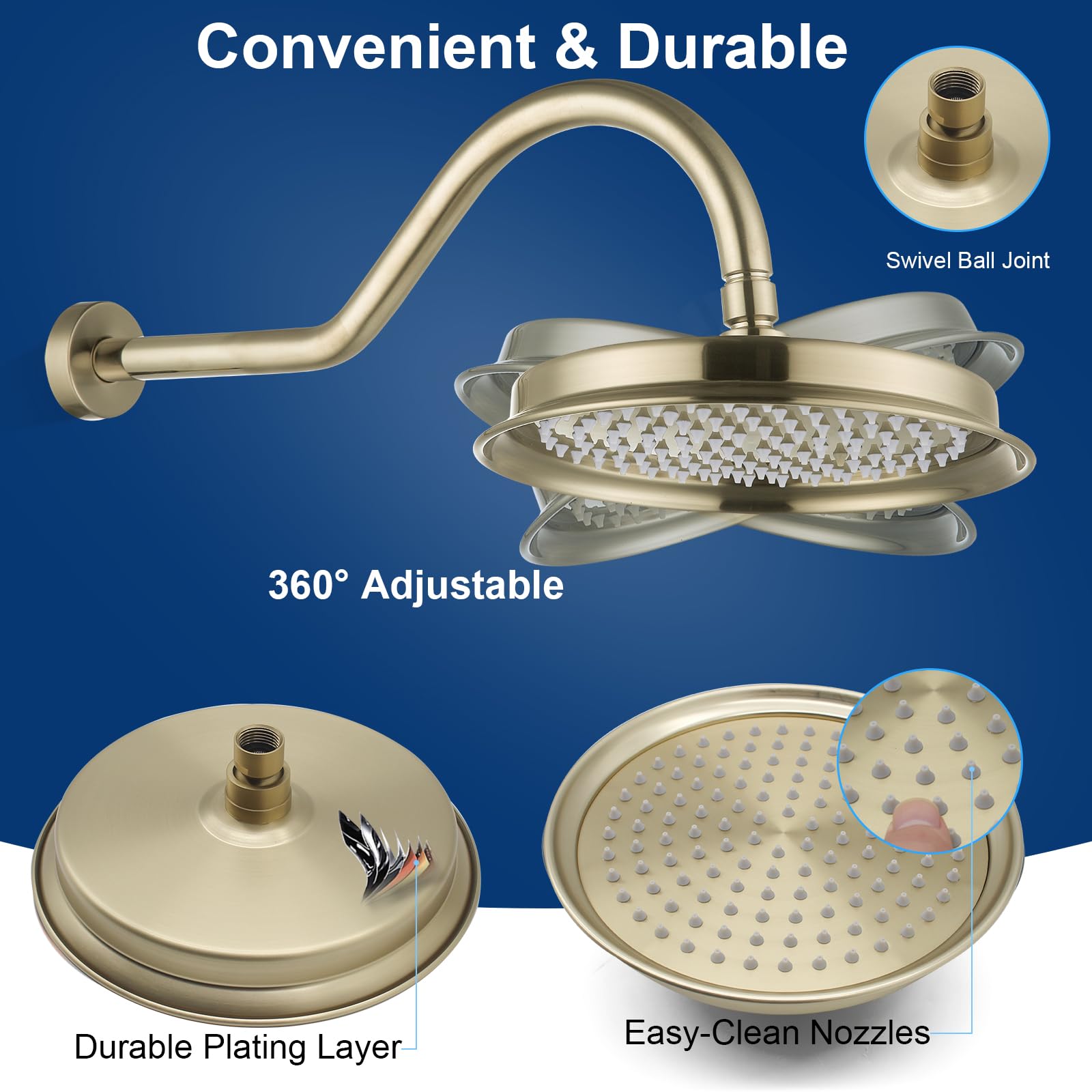 Soffione Doccia a Pioggia in Metallo Solido 304 in Acciaio Inox Perfetto per Sostituzione, Tradizionale Grande Fisso da 22,9 cm Soffione Doccia Spazzolato Oro - GETSHOWERSET