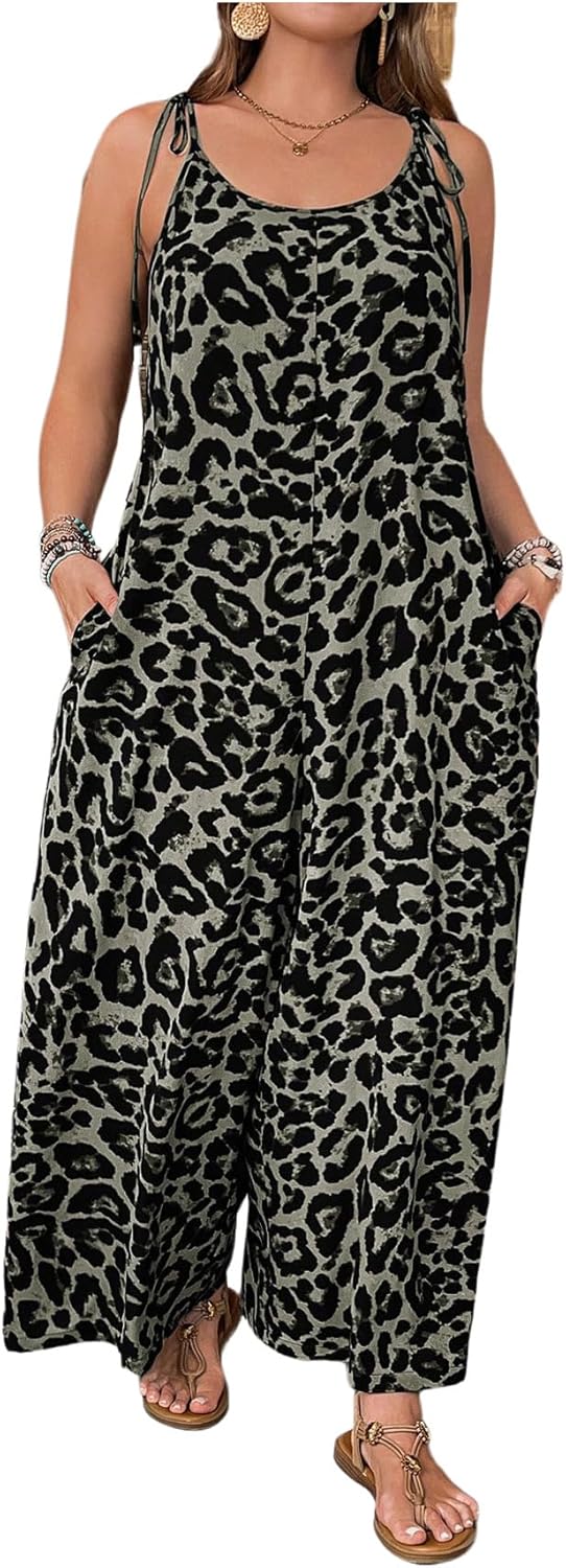 Women's Plus Size Leopard Print Tie Shoulder Jumpsuits Long Pants Romper with Pocket