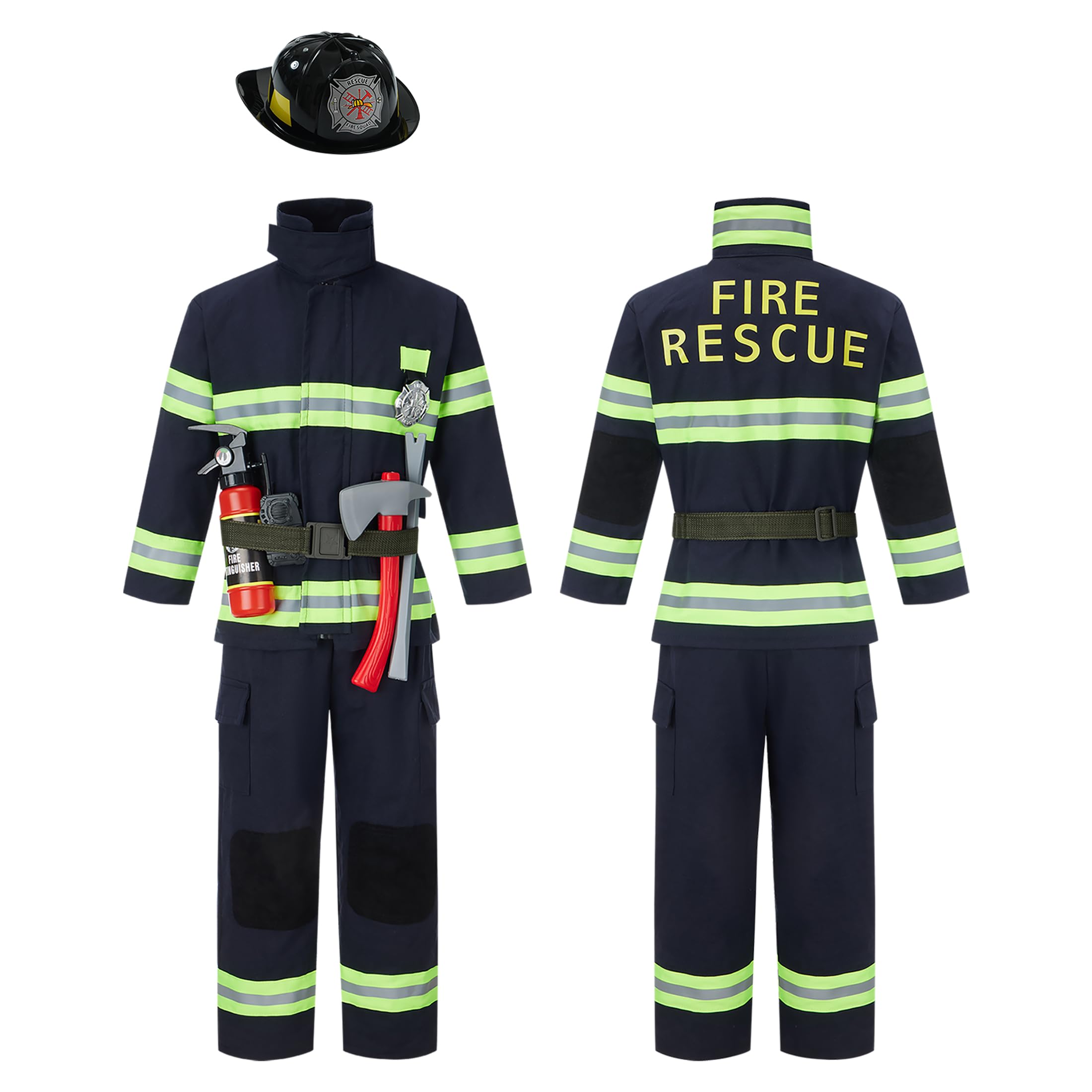 Kosgraiy Firefighter Costume for Kids,Fireman Costume for Boy and Girl,Kids Halloween Fire Pretend Chief Outfit,9pcs