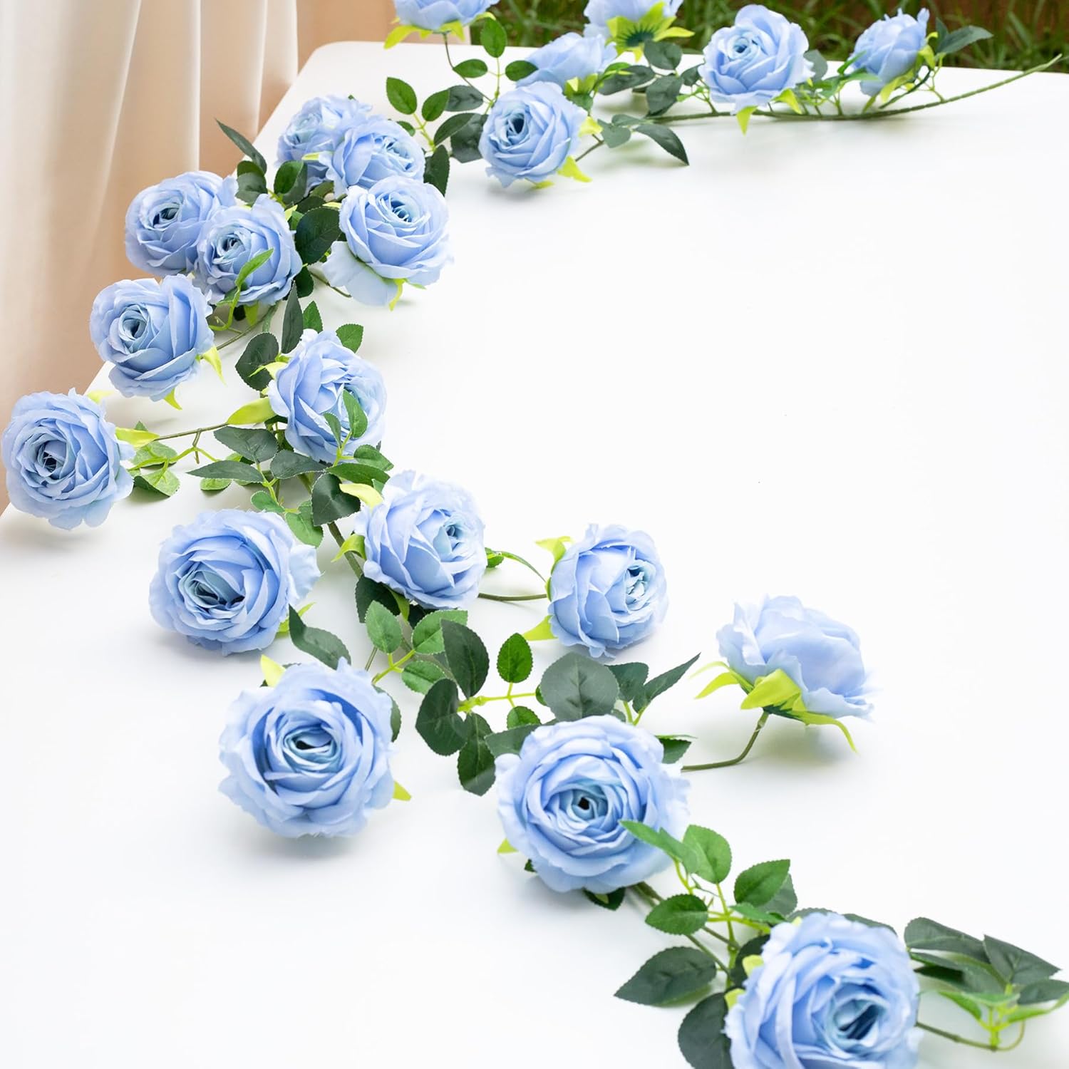 Bendable Artificial Flower Garland Faux Rose Vine Hanging Floral Garland for Wall Decor Trellis Fence Home Room Garden Wedding Decoration(Blue, 1pcs)