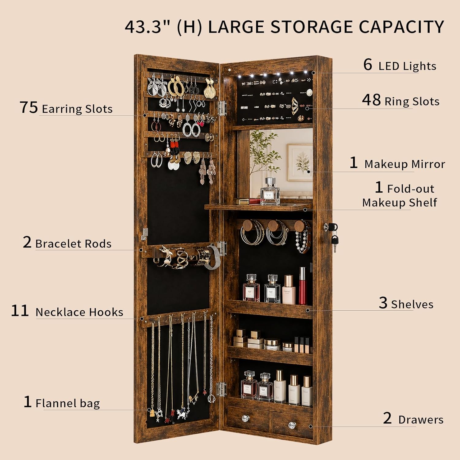 Lockable Jewelry Cabinet Organizer with Full Length Mirror, 6 Auto LED Lights, Wall & Over Door Mount Jewelry Armoire with Earring Slots, Necklace Hooks, Foldable Makeup Shelf thumbnail