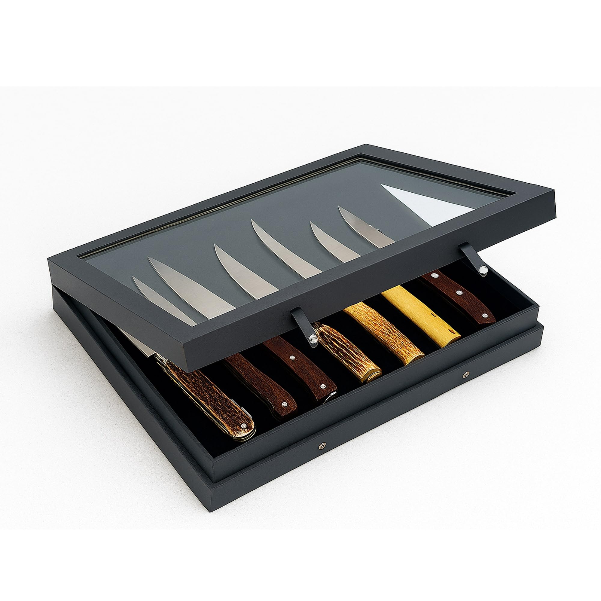SAFE 5269 Vitrine Couteaux Black Edition – Cadre d’Exposition avec Couvercle Verre & Bande Magnétique – pour Lames Jusqu’à 290 mm – 400 x 300 x 55 mm – Fixation Murale Possible