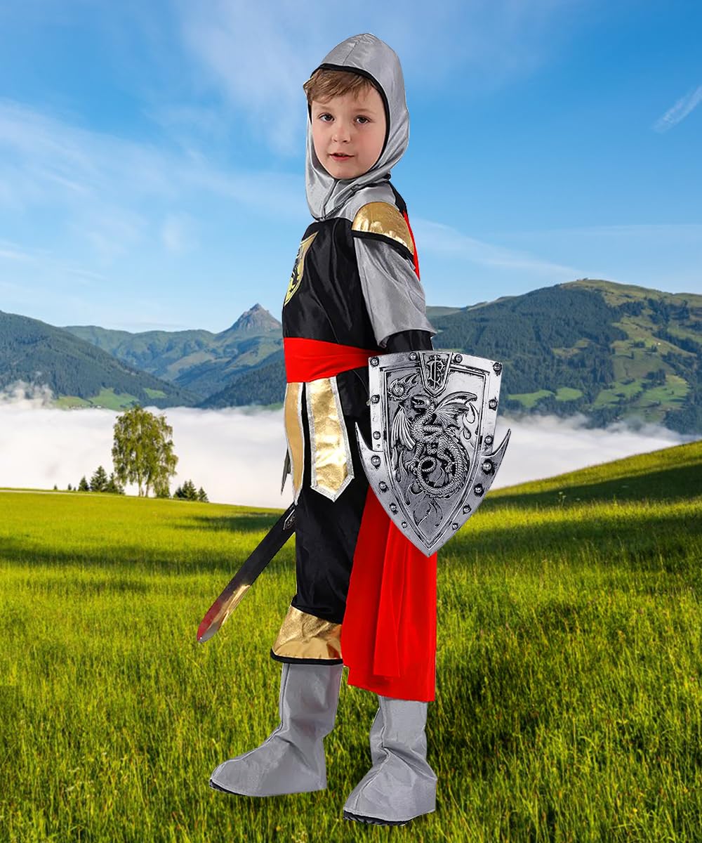 TOLOYE Disfraz Caballero Medieval Niño, Disfraz Romano Niño con Casco Espada Escudo Capa, Regalo para Niño, Disfraz Medieval Traje Medieval para Carnevale Cosplay Halloween Navidad Cumpleaños