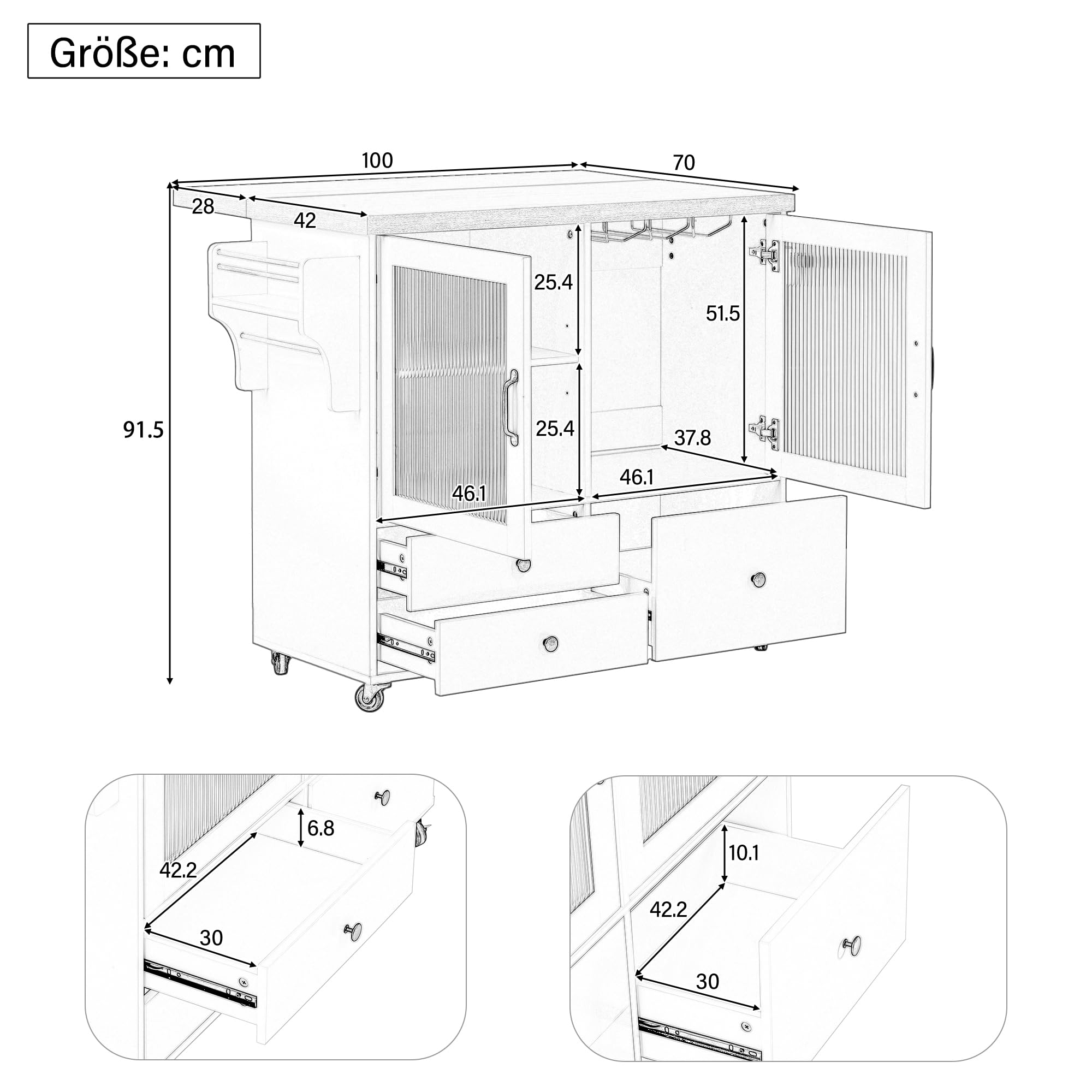 Muskel Isla de cocina móvil con mesa de comedor extensible, carrito de cocina con ruedas con soporte para copas de vino, encimera y espacio de almacenamiento, independiente para cocina, comedor y sala