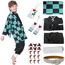 Boys Kimono Costume Boys Kamado Cosplay Costumes Cloak Outfits Set Halloween Green Uniform with Accessories