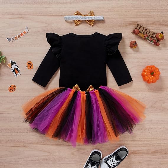 Baby Girl Pumpkin Print Romper Outfit - Halloween Tutu Set With Headband And Leg Warmers
