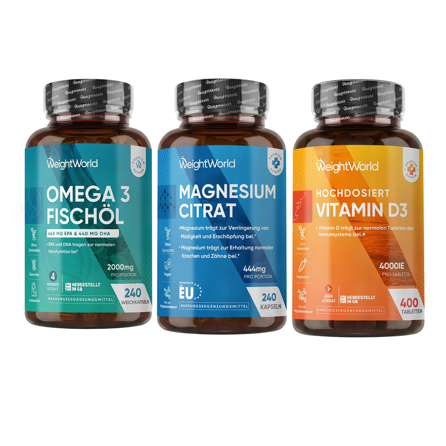Omega 3 Weichkapseln + Magnesiumcitrat + Vitamin D3 4000 IE - Ohne Gentechnik - Hergestellt gemäß den GMP-Standards - WeightWorld