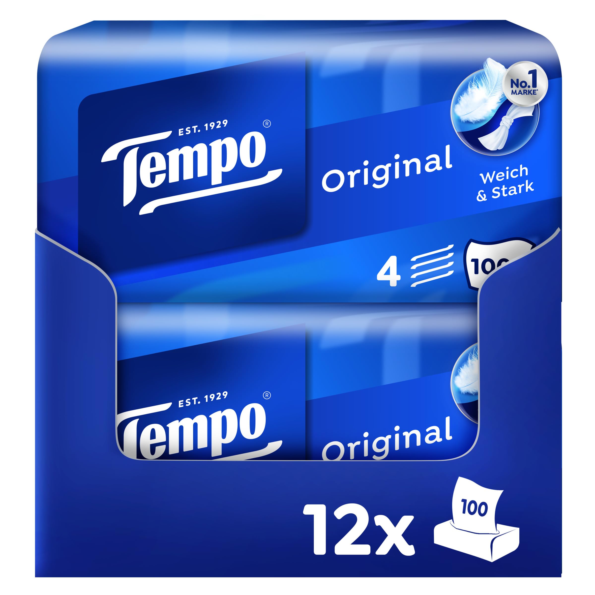 Tempo Original caja de pañuelos – Paquete ahorro – 12 cajas, 100 toallitas por caja – Pañuelos de papel extra fuertes y suaves, lavables a máquina
