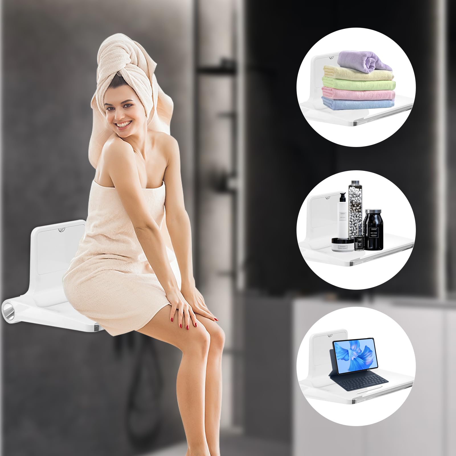 Asiento de Ducha Abatible Grueso con Respaldo de Pared - 200kg Capacidad Antideslizante, Silla Plegable para Personas Mayores, Blanco