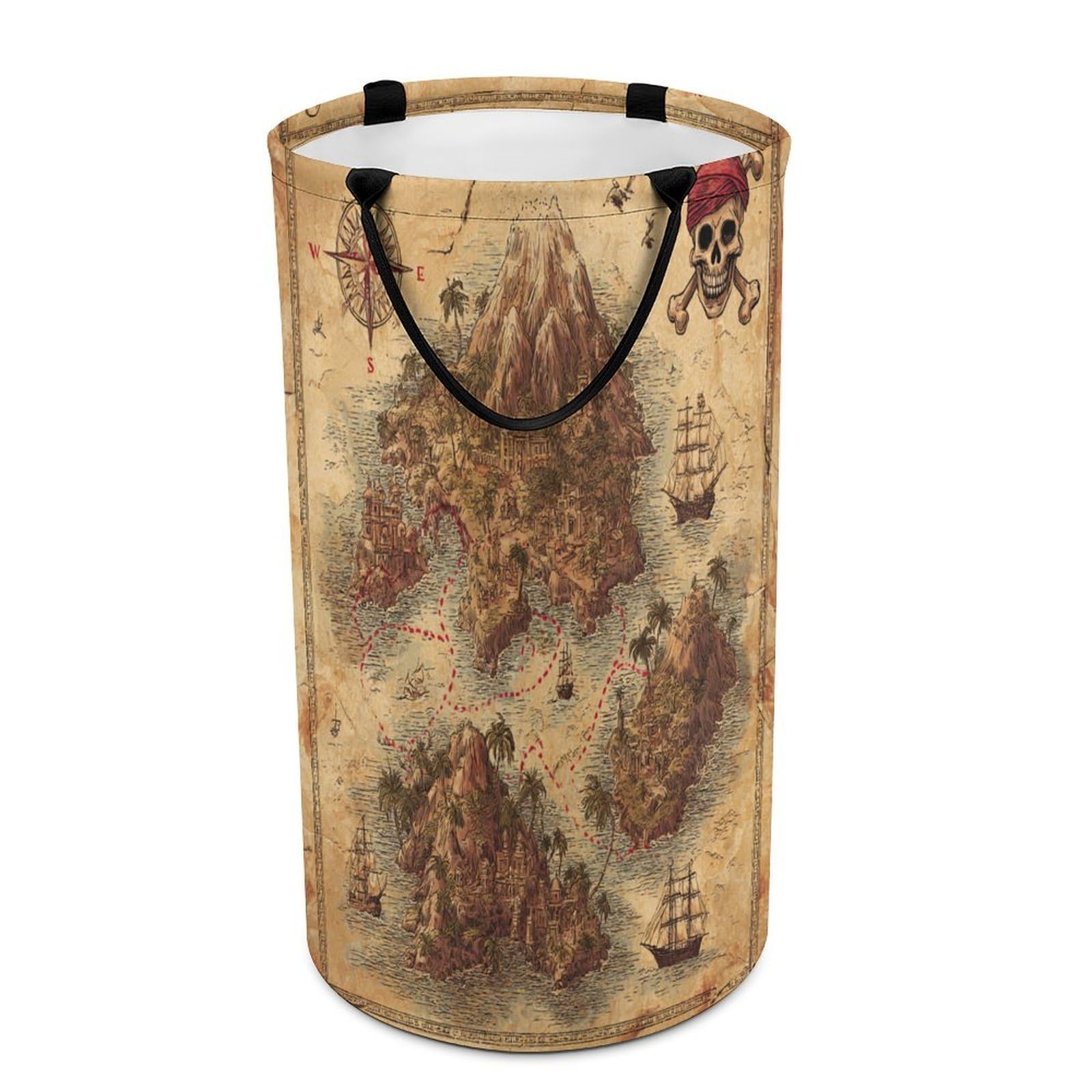 LUYYSKY Cool Abstract Treasure Map Dirty Clothes Basket, Classic Oil Painting Antique Map Pirate Ship Tropical Palm Trees Compa Portable Clothes Storage Laundry Basket-40 CM Dia, 69 CM High