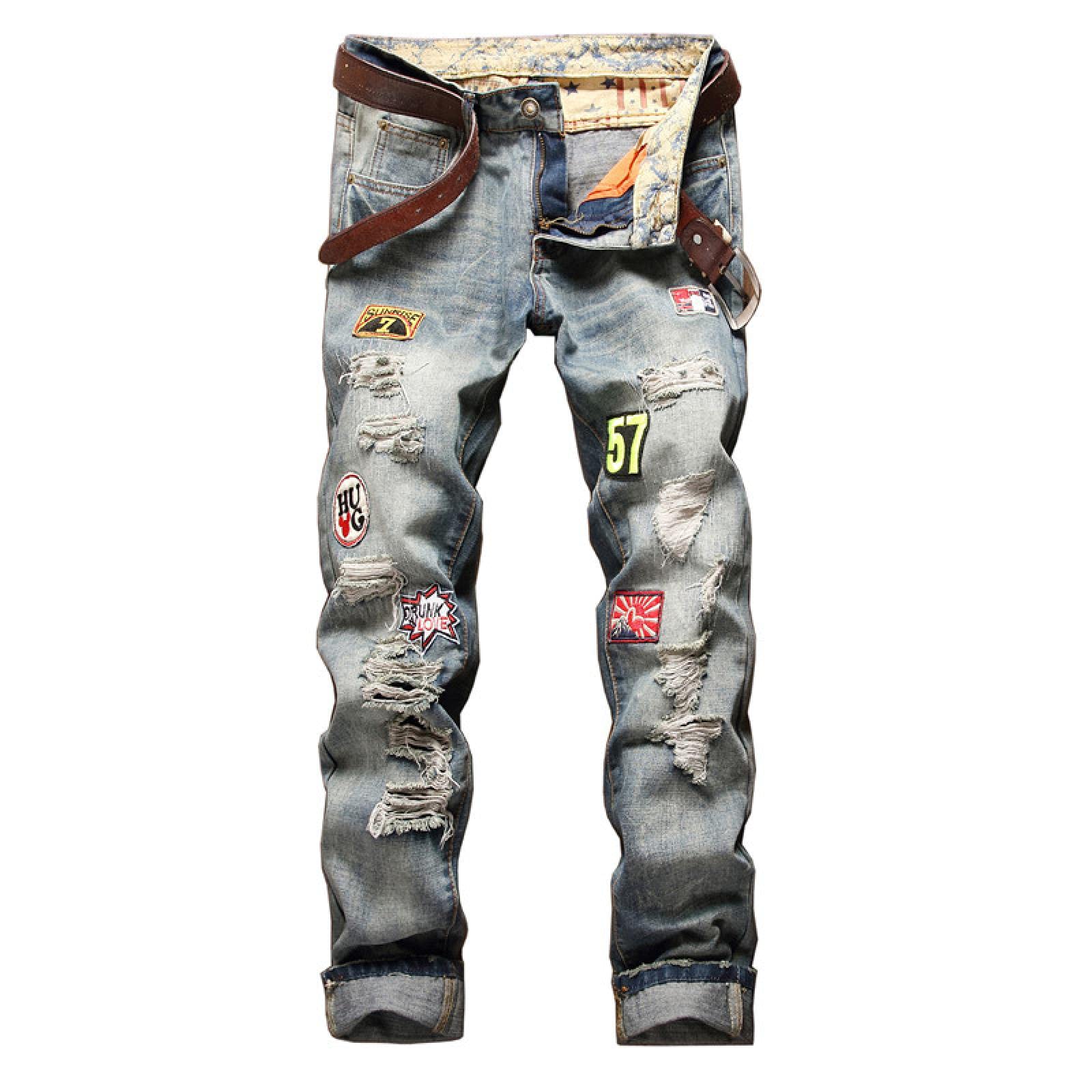 WQZYY&ASDCD Jeans Pantalon Jeans Herren Lange Vier Jahreszeiten Gerade Abzeichen Distressed Zerrissene Jeans Baumwolle Fashion Jean