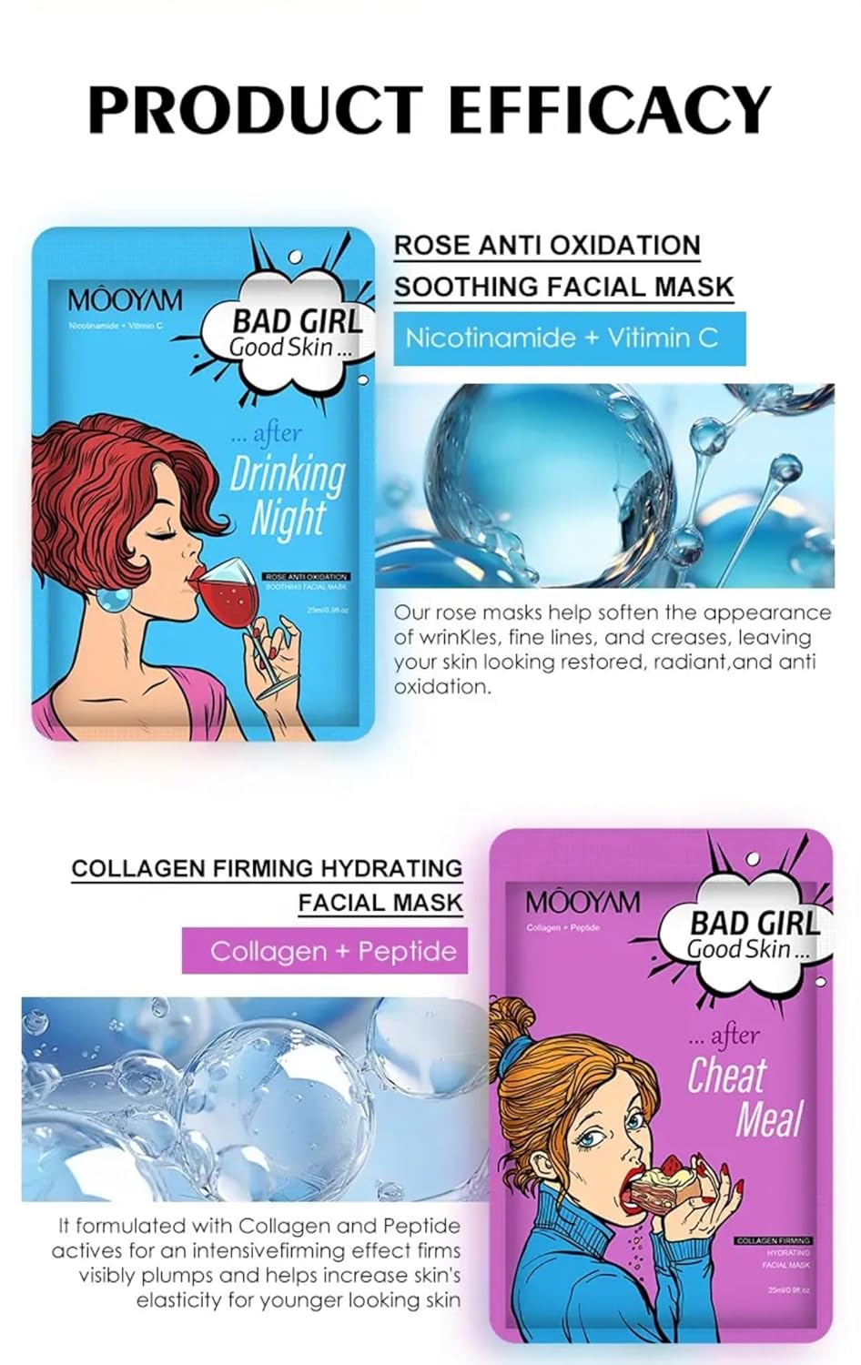 BAD GIRL Face Mask Set – 6 Hydrating Sheet Masks for Tired, Dry, Dull Skin – Korean K-Beauty Skincare Kit – Self-Care Gift for Women – Pop Art Design Brand image 7 of 9 B0CNKY6YCQ