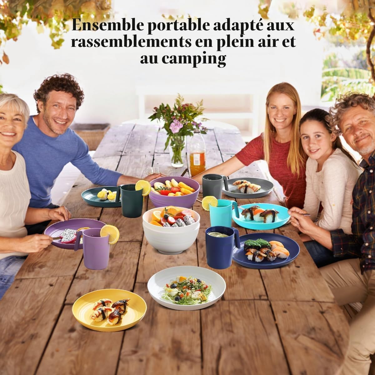 Kyraton Assiettes Service de Table plastique 32 PCS Service pour 8, réutilisable Assiettes légères Tasses Bols Vaisselle facile à transporter et à nettoyer Cuire au micro-ondes BPA sans lave-vaisselle