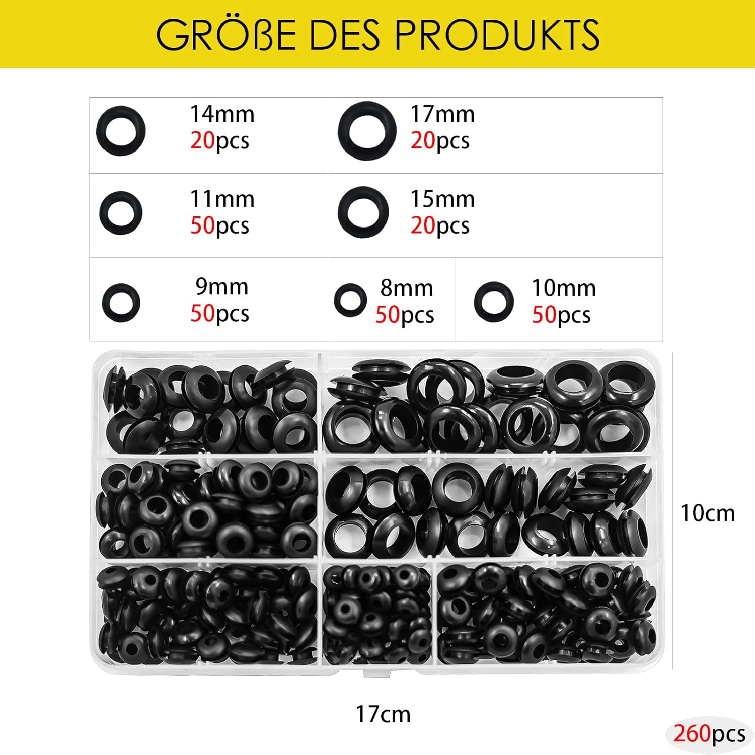 TAFAFTL Rubber grommet set, 260 pieces, black rubber grommet, 7