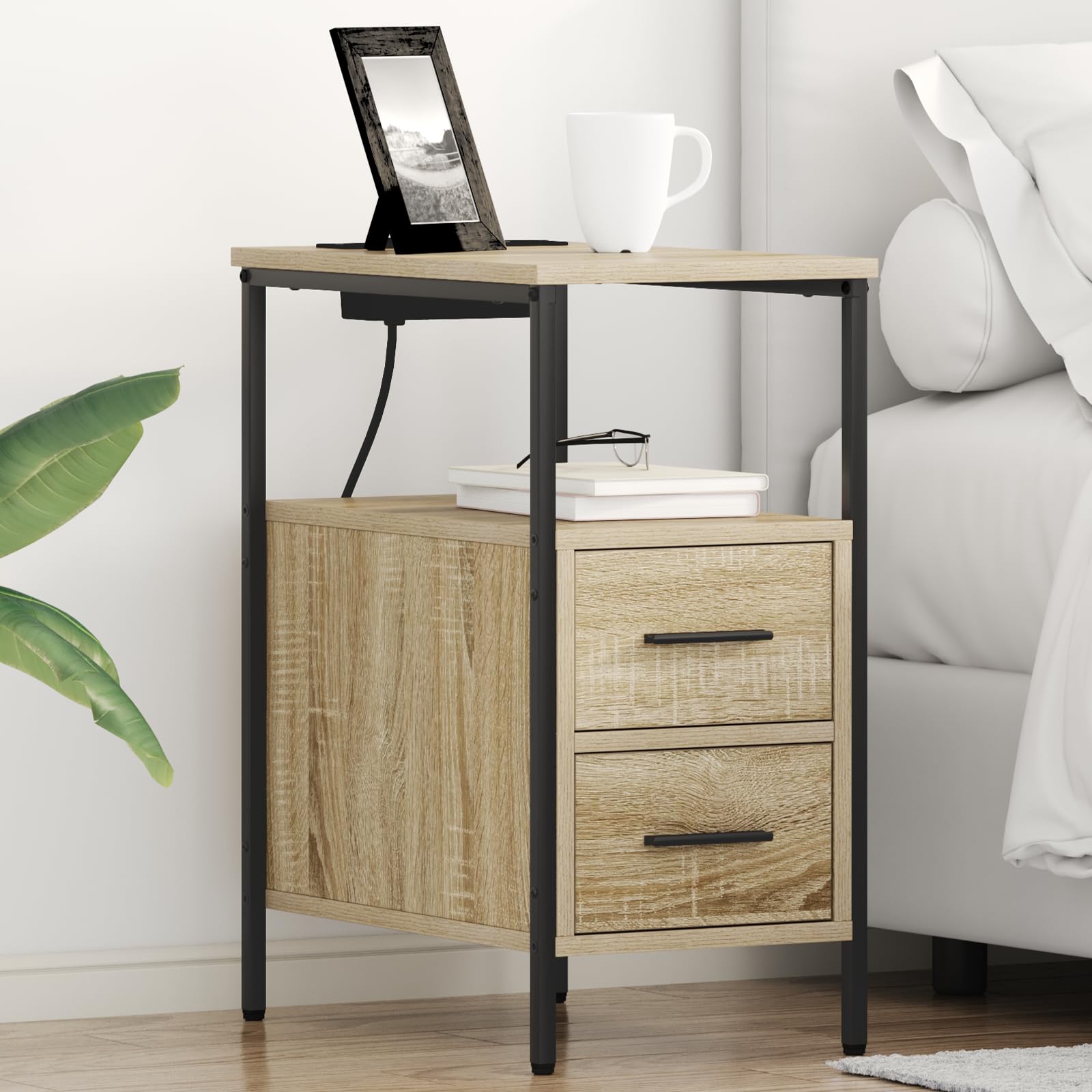 Moderner Nachttisch mit Schublade und Ladestation - Stylischer Beistelltisch aus hochwertigem MDF in dunklem Matt-Finish, ideal für Schlafzimmer und Gästezimmer