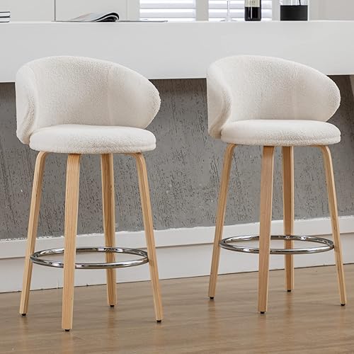 Juego de 2 taburetes de bar modernos, taburetes de bar Sherpa de 26 pulgadas de altura de mostrador con patas de madera, sillas de bar con respaldo