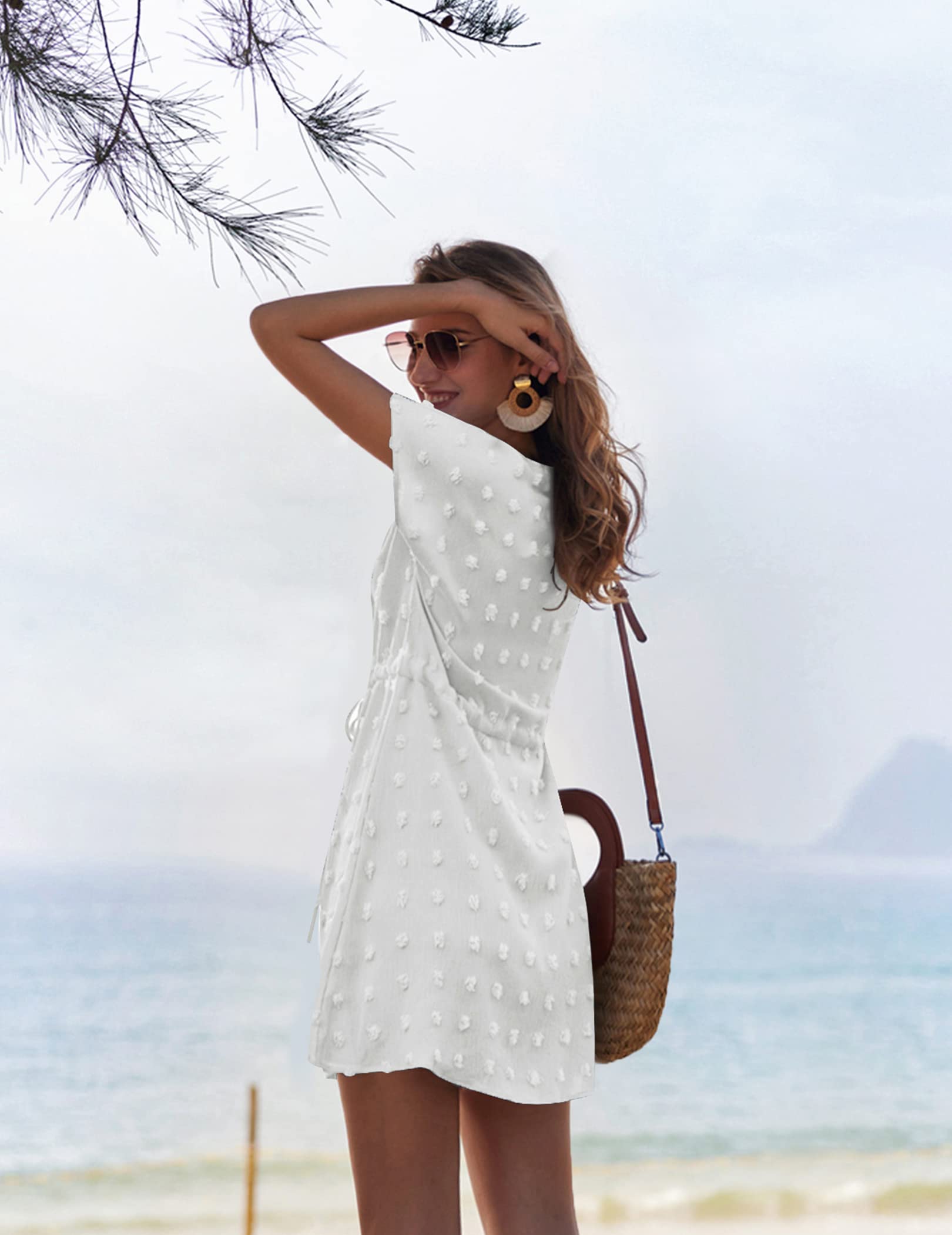 Ekouaer Damen Strandkleid Kurz Strandtunika Sommer Bikini Cover Up Kurzarm V-Ausschnitt Strandponcho S-XXL