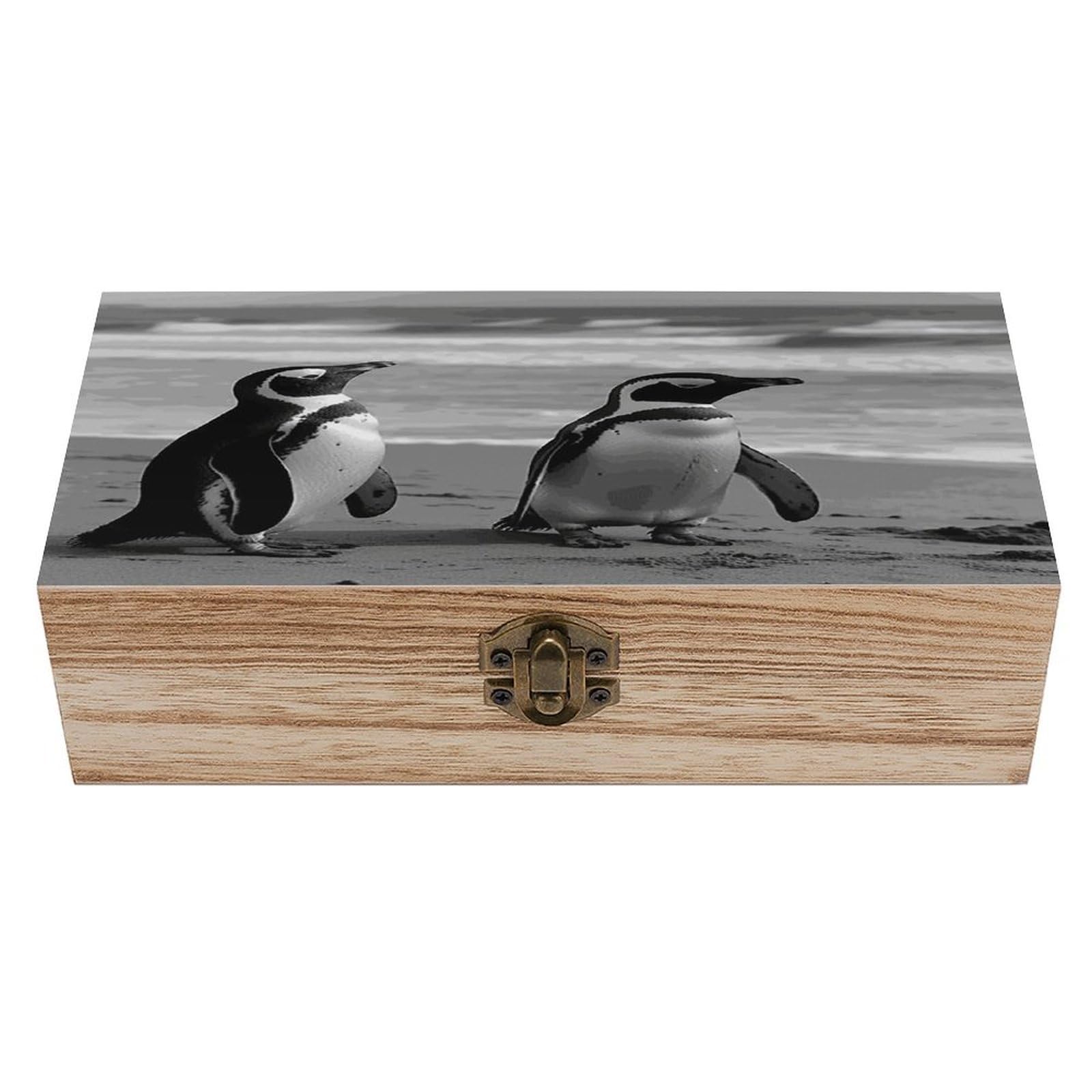 JTREHY Penguin Standing on The Beach Wooden Keepsake Box Vintage-Style Wood Keepsake Case with Hinged Lid Solid Wood Boxes Beautifully Memory Treasure Case Vintage-Style Wooden Storage Box