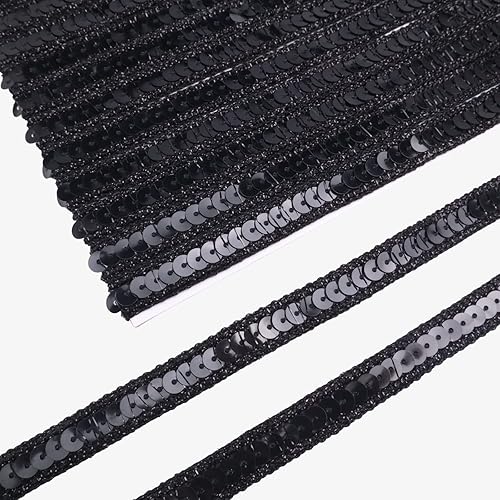 ZNZAKKA Cinta de lentejuelas negras con purpurina plana para coser, 10 yardas