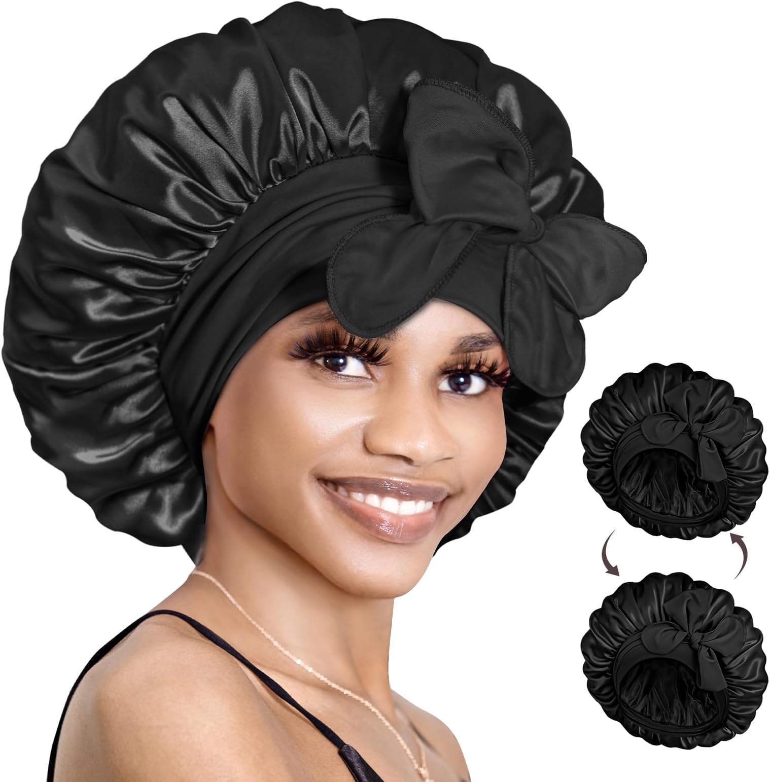 BONNET QUEEN Reversible Silk Satin Sleeping Bonnet Double Layer Adjustable Bonnets Curly Braids Wig Natural Hair Wrap Night Hat Cap Band Shower M Black