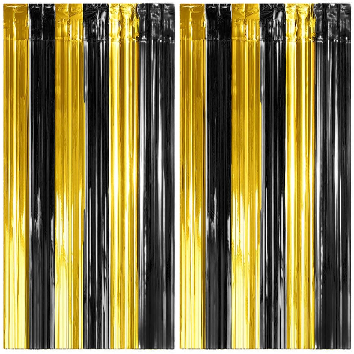 Silvester Lametta Vorhang Gold Schwarz, Folie Fransen Vorhang Schimmer, Metallic Tinsel Vorhange Hintergrund Fringe Glitzervorhänge Fransenvorhang Metallfolie fur Party Deko Geburtstagsdeko -2stk-
