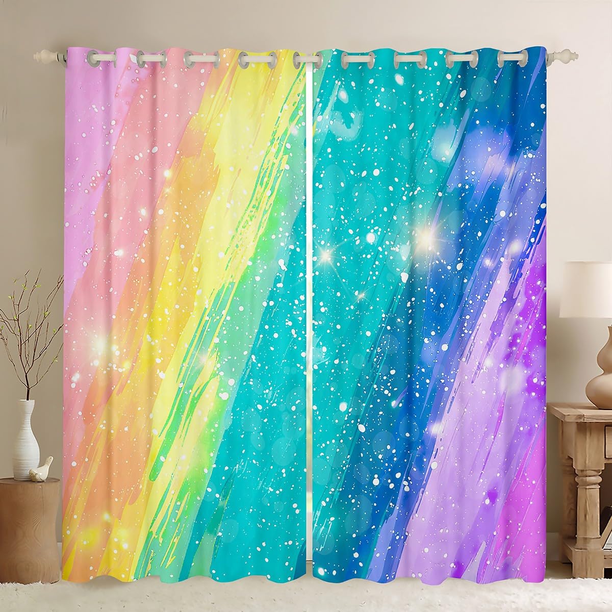 Homemissing Kids Rainbow Darkening Drapes for Bedroom Blue Green 30%-50% Blackout Curtains Galaxy Window Curtains Colorful Stripes Bedspread C Teens Room Decor (2 Panels,W52*L90) — image 1