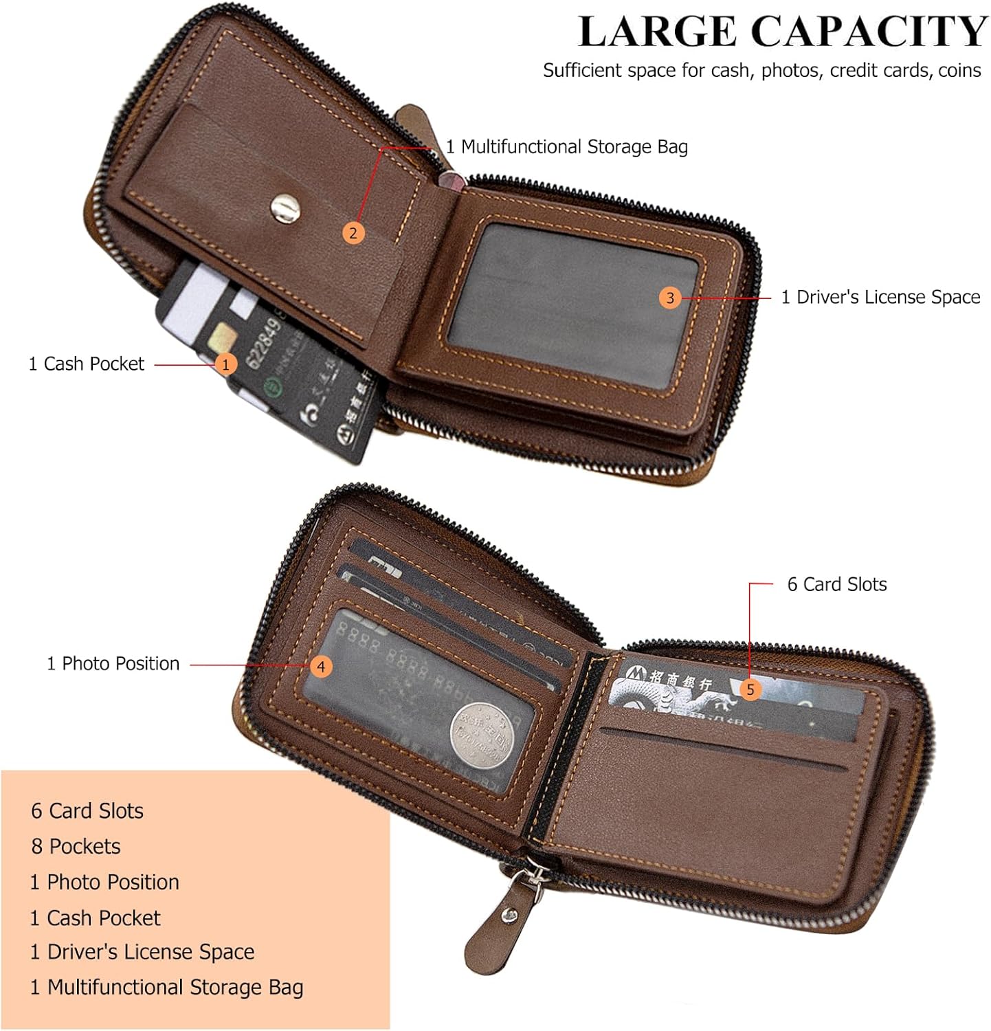 LJCZKA Mens Leather Zipper Wallet RFID Large Capacity Bifold Multi-card Holder Wallets Coin Cash Purse with ID Window (Brown) - Image 5
