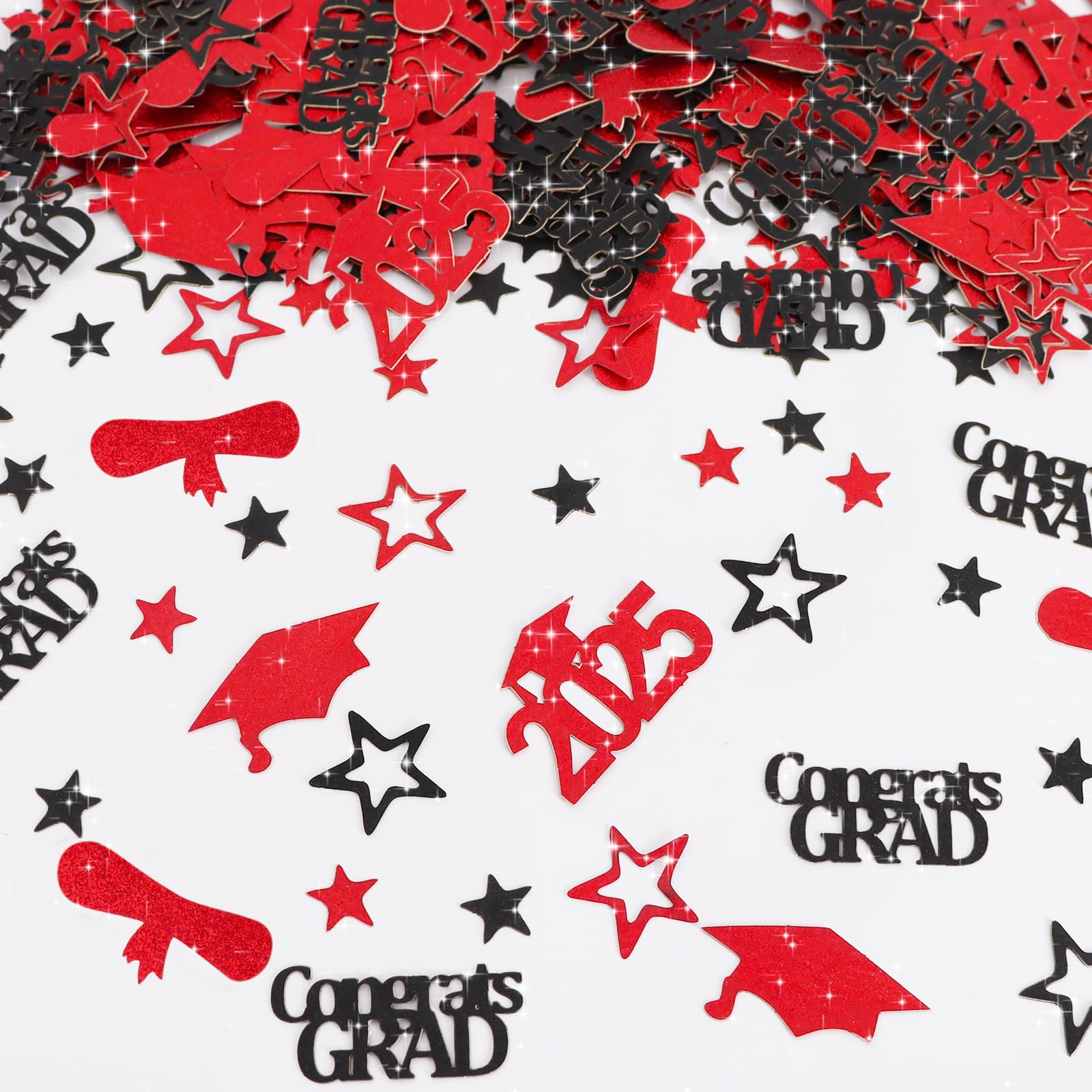 300Pcs Glitter Red and Black Graduation Table Confetti with Star，Congrats Grad Confetti 2025 Decorations, Perfect for Graduation Party Decor, Class Of 2025 Celebration Supplies