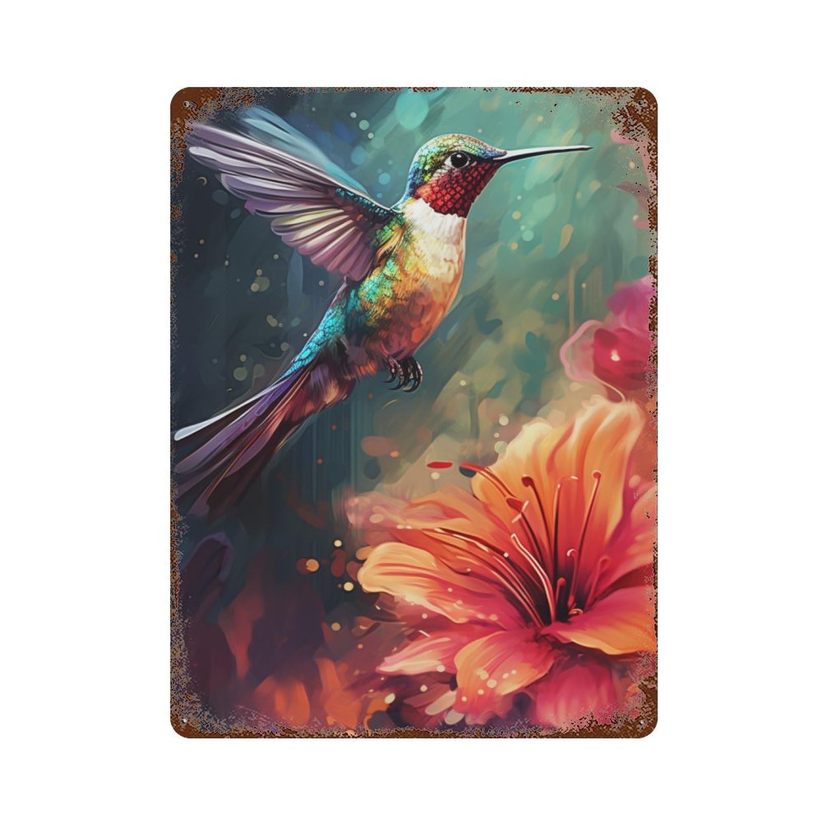 Rustic Tin Plaque Hummingbird in Flowers 15.7"x11.8", Vintage Wall Decor for Pub, Kitchen And Man Cave Decor