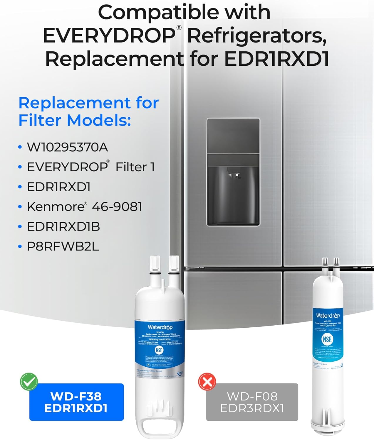 Waterdrop EDR1RXD1 Replacement for Everydrop® Filter 1, Whirlpool® W10295370A, EDR1RXD1B, P8RFWB2L, P4RFWB, WD-F38, Kenmore® 46-9081, 46-9930 Refrigerator Water Filter, 2 Pack