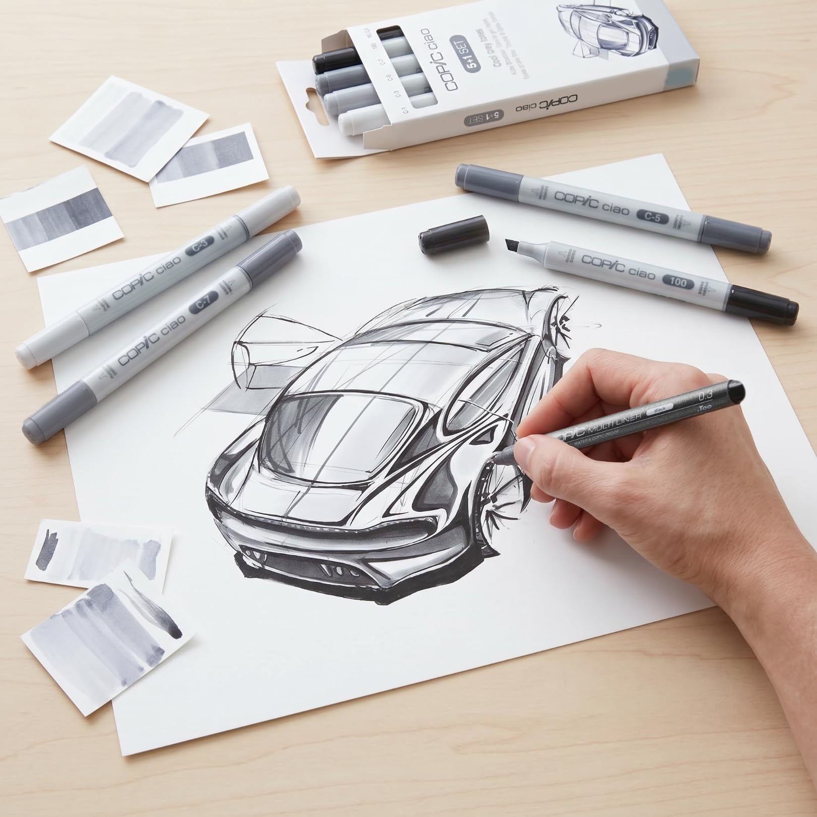 COPIC Ciao Marker 5+1 Set "Grey Tones", 5 markerów uniwersalnych na bazie alkoholu z jedną końcówką średniej szerokości i jedną pędzelkową, w tym 1 Multiliner 0,3 mm