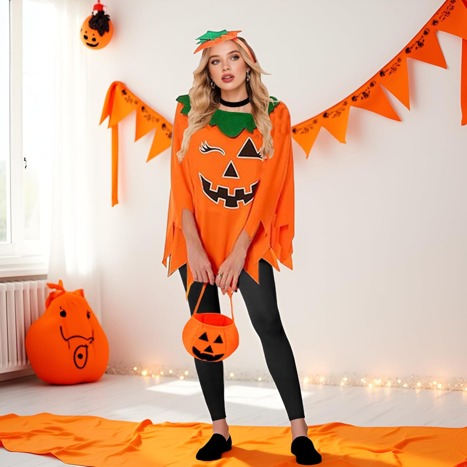 3PCS Pumpkin Costume for Women Adults - Halloween Pumpkin Poncho with Headband & Candy Bag | Ghost Hippie Cape,Glow in The Dark Cosplay Party Cloak Outfit - Image 4