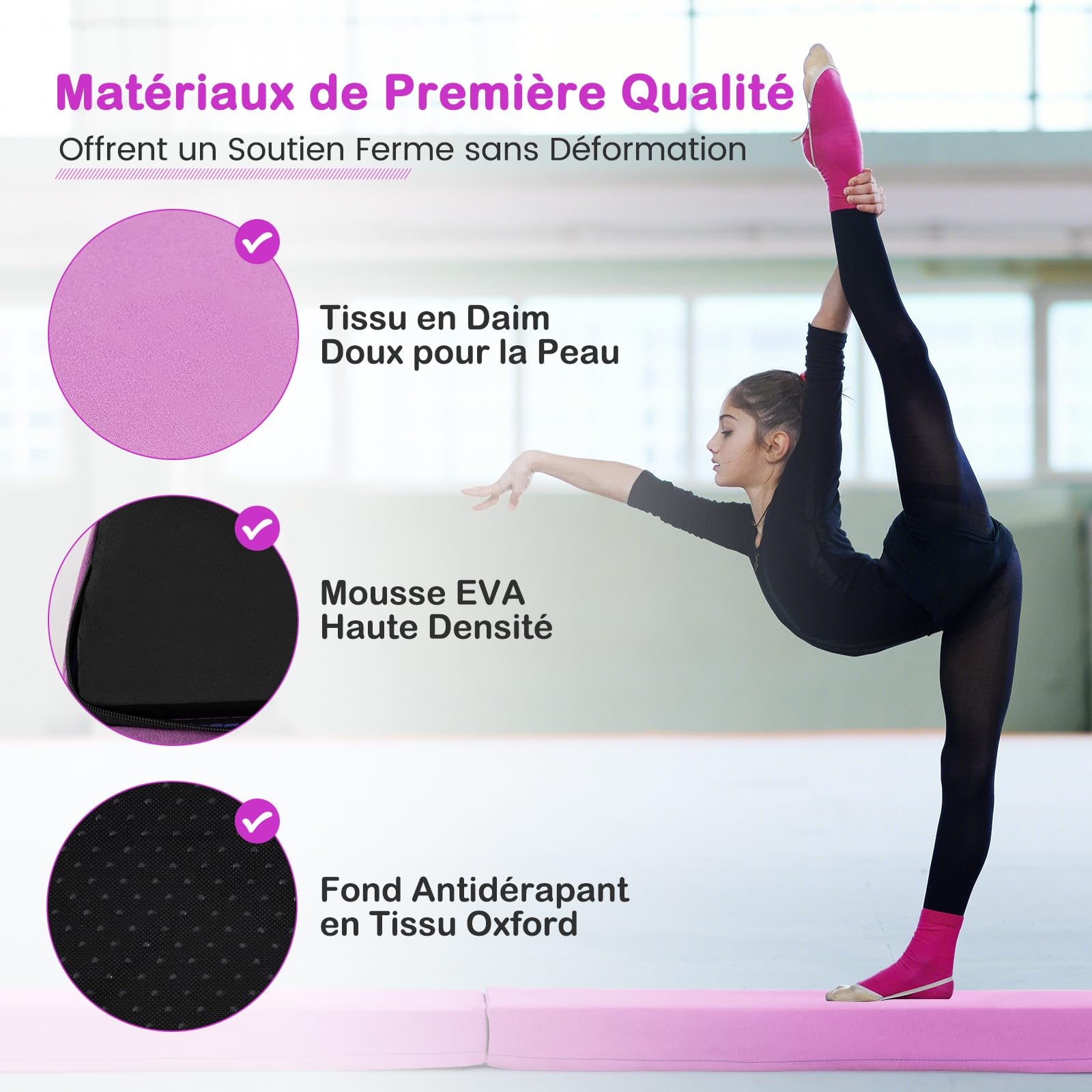 GYMAX Poutre Gymnastique Pliable 210cm, Poutre d'Équilibre Enfant, Revêtement Doux en Daim, Fond Antidérapant, Poignée de Transport, Équipement d'Entraînement à Domicile pour Débutants