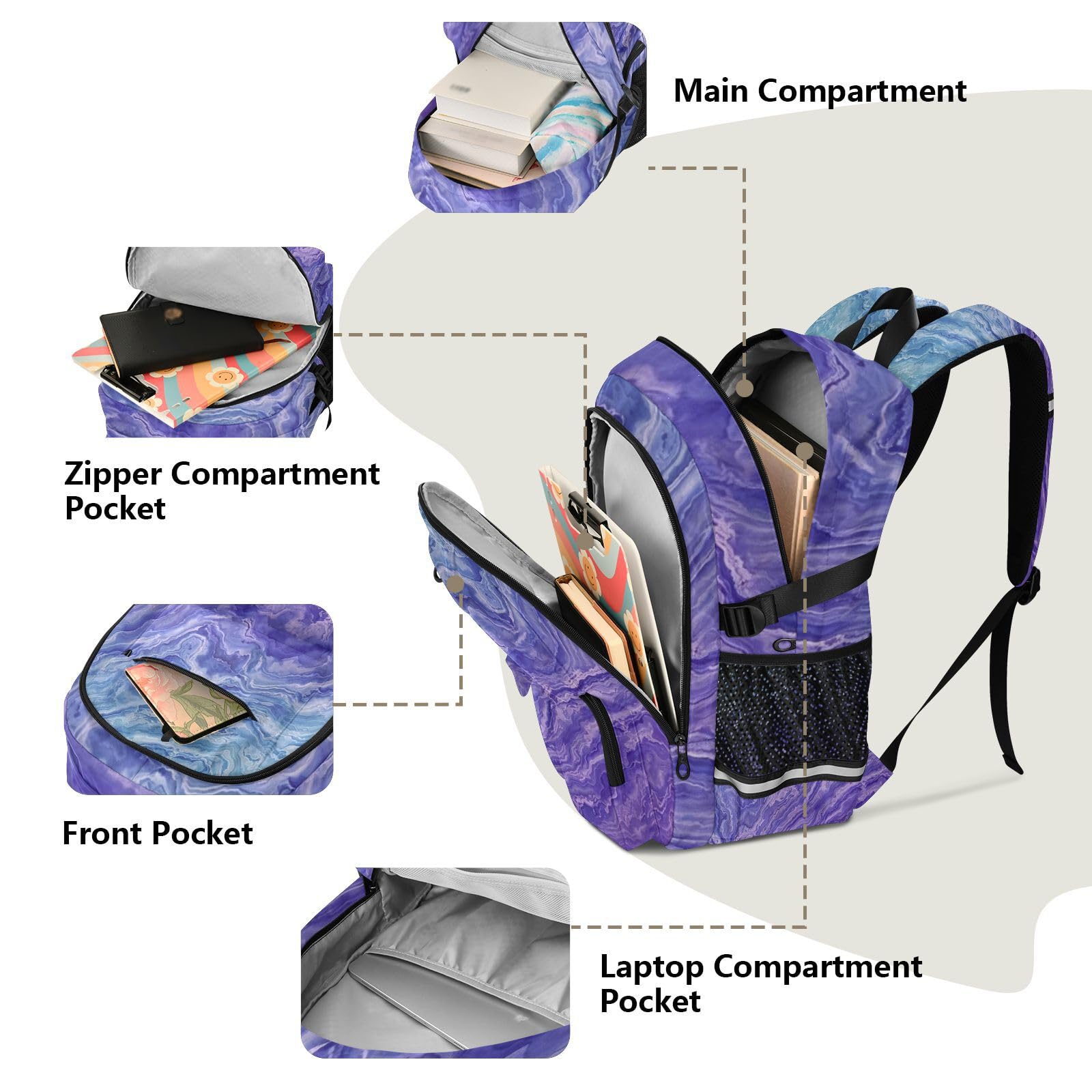 Grand sac à dos de voyage pour homme - Tourbillon indigo - Marbre - Sac à dos d'école - 44,5 cm - Léger et décontracté