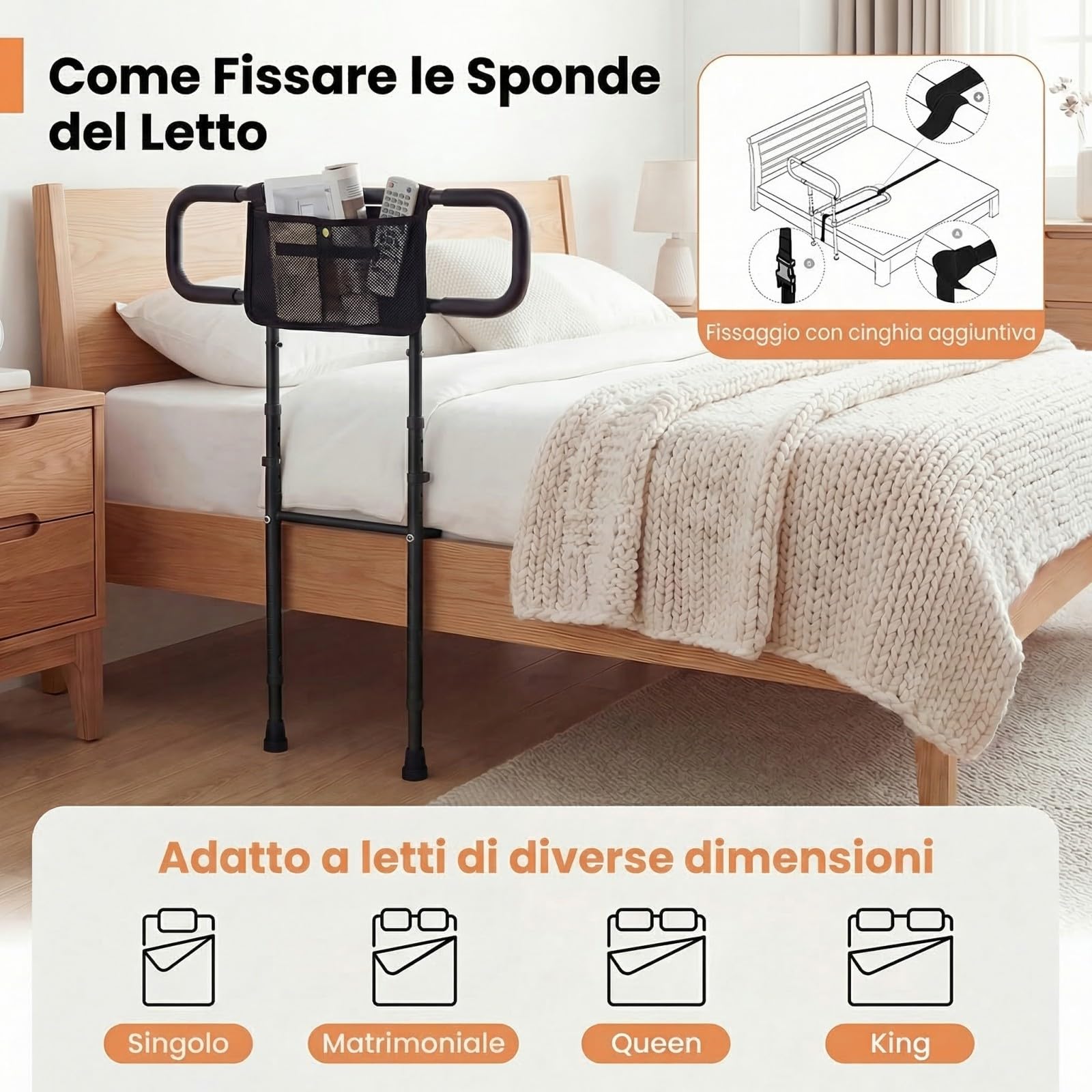 COSTWAY Sponda Letto Pieghevole per Anziani, Altezza/Larghezza Regolabile, Tasca Rimovibile, Maniglie Imbottite e Base a U, Sbarra da Letto con Cintura di Fissaggio, Supporto 136 kg (Nero)