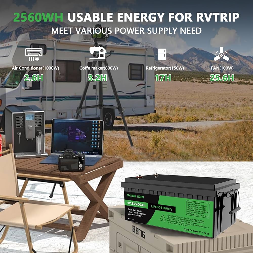 Batteria Litio DATOUBOSS 12V 200Ah LiFePO4 - Per Camper, Barca, Pannelli Solari, 15000 Cicli, Garanzia 10 Anni