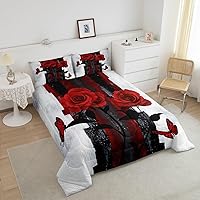 Vista 3 de Juego de edredón de rosas rojas, tamaño Queen, relleno de edredón negro y blanco degradado para adultos, juego de ropa de cama vintage de acuarela